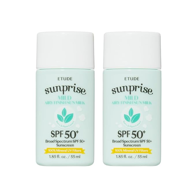 ETUDE Sunprise Mild Airy Finish Sun Milk Duo Set (55ml*2) SPF50+ / PA++++ | Sebum-free, Non-Sticky, Long Lasting Protection, 100% Mineral Based Korean Sunscreen, Korean Skin Care, Pefect for Gift-GlimoraGlow