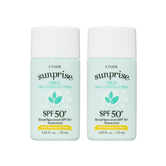 ETUDE Sunprise Mild Airy Finish Sun Milk Duo Set (55ml*2) SPF50+ / PA++++ | Sebum-free, Non-Sticky, Long Lasting Protection, 100% Mineral Based Korean Sunscreen, Korean Skin Care, Pefect for Gift-GlimoraGlow
