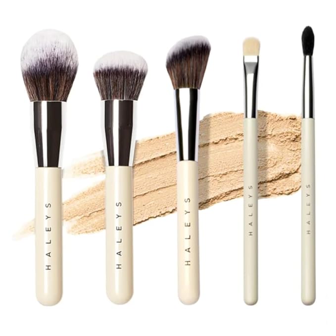 HALEYS Makeup Brush Set 5 pcs: Soft, Streak-free, Perfect Blending, Buff, Blurs and Smooth, Premium Luxury Vegan Bristles, For Liquid, Cream or Powder, Vegan, Cruelty-free, Sustainable Wood-GlimoraGlow