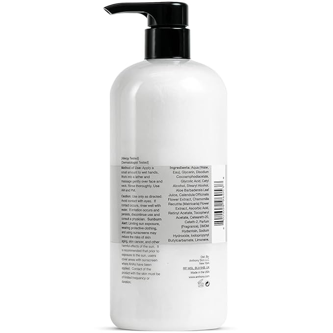 Anthony Glycolic Facial Cleanser for Men, Daily Exfoliating & Hydrating Face Wash, Shave Prep, Non-Foaming, Deep Cleansing, Gentle on Sensitive Skin, Removes Dirt & Oil, Smooths Texture, 32 Fl Oz-GlimoraGlow