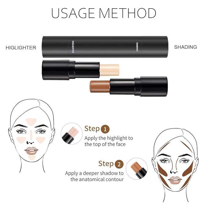 2 Colors Cream Contour Sticks Makeup Kit, Primer Face Highlighter Contouring for Beginners, Highlight and Contour Kit, Cream Concealer Makeup Blur Stick, Primer Face Corrector 3#-GlimoraGlow