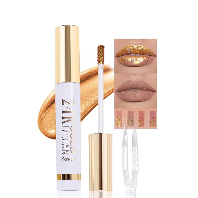 2025 New 24K Gold Liquid Lip Gloss Peel Off Lip Stain Tattoo with Tweezer, Brownish Red Lips Stain Peel Off Masque, Long Lasting Waterproof Lip Tint Stain,Transfer-proof for All Skin Types 02#-GlimoraGlow