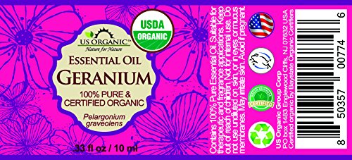 US Organic 100% Pure Geranium Essential Oil - USDA Certified Organic, Steam Distilled - W/Euro droppers (More Size Variations Available) (10 ml / .33 fl oz)-GlimoraGlow