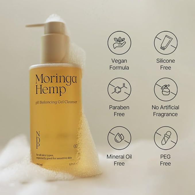 NDP Moringa Hemp Gel Cleanser, Gel-to-Foam, pH Balancing, Vegan, Non-Stripping, Hydrating Face Wash for Sensitive Skin – Fragrance-Free, Clean Beauty, Korean Skincare, 200ml / 6.76 fl oz-GlimoraGlow