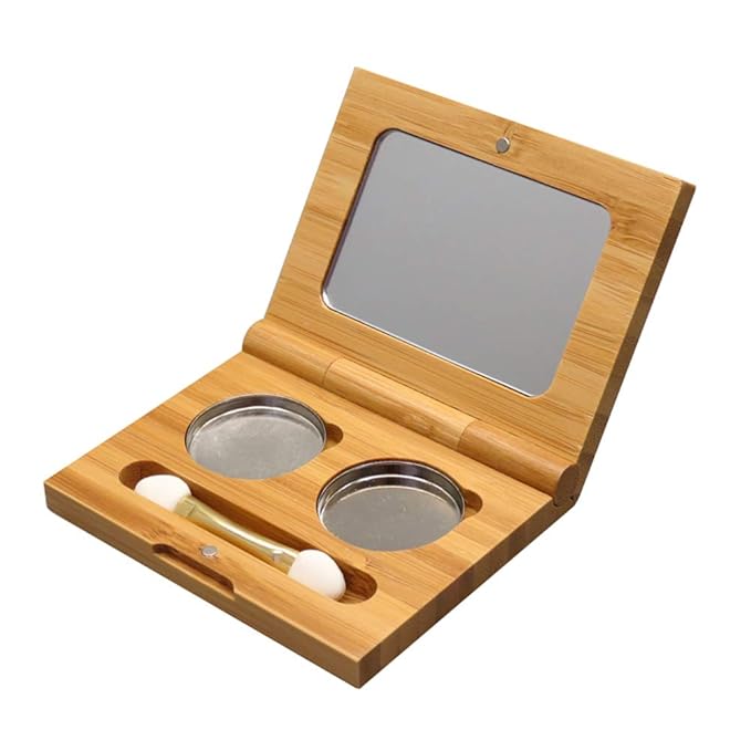 1 Piece Bamboo Empty Eye Shadow Case Box Double Grid Tinplate Palette Pans Bamboo Eyeshadow Case Magnetic Eyeshadow Palette Cosmetics Organizer Container with Makeup Brush for Eye Shadow Blush Powder-GlimoraGlow