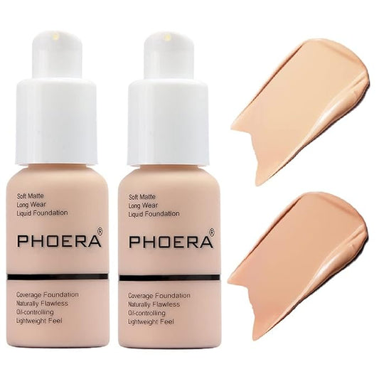 2 Pack PHOERA Foundation,Matte Oil Control Concealer Foundation Cream,PHOERA Long Lasting Waterproof Matte Liquid Foundation for Women Girls (102 Nude+103 Warm peach)-GlimoraGlow