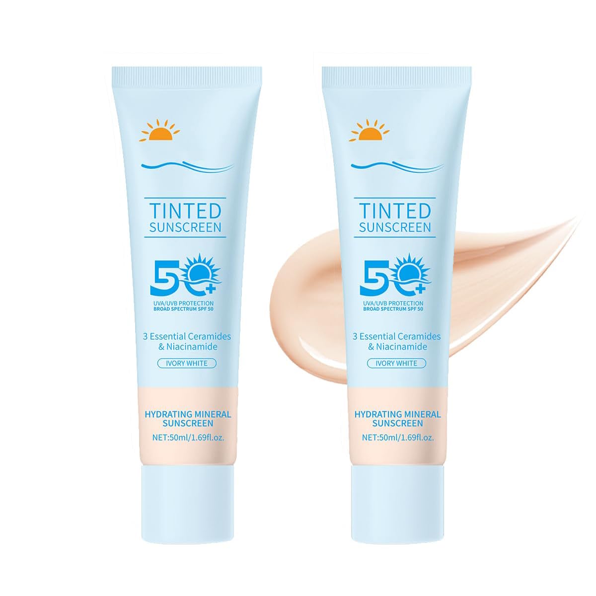 Tinted Sunscreen for Face SPF 50, 2 PCS Defense SPF 50 Face Sunscreen Lotion with Hyaluronic Acid, Sun Essence Faces Sunscreens, Hydrating, Moisturizing, UV Defense, Travel Size (Light Color)-GlimoraGlow