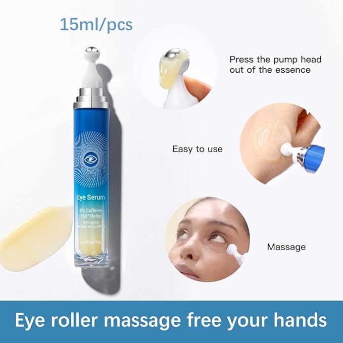 5% Caffeine Eye Serum with 360° Massage Rollerball Topper,Caffeine Eye Cream for Dark Circles,Wrinkles,Puffiness and Fine Lines,Under Eye Roller Cream Eye Bags Treatment for Women and Men-GlimoraGlow
