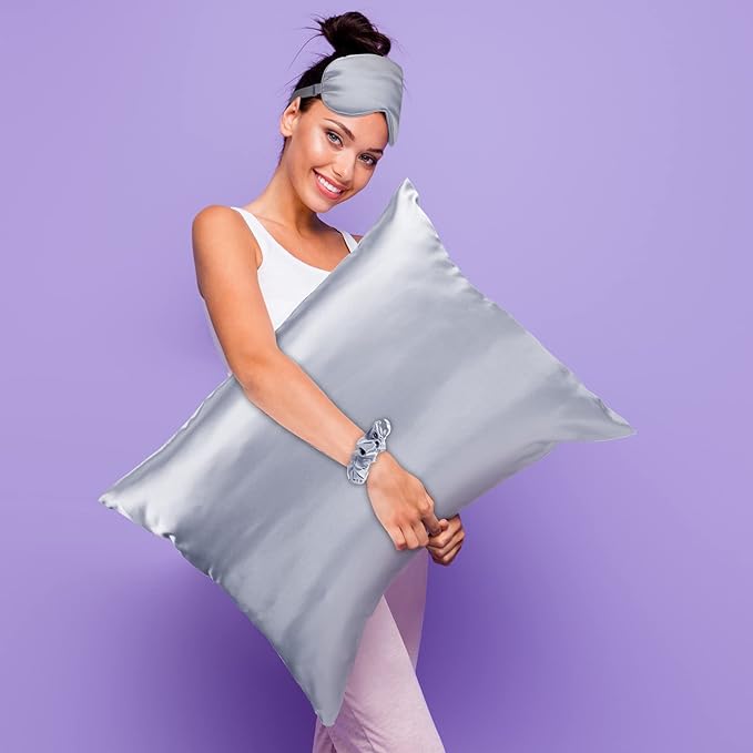 2 Pack Satin Pillowcase with Latent Zipper, Adjustable Satin Eye Mask for Sleeping and Satin Volume Scrunchie for Hair and Skin, Standard Size (Silver,Classic Style)-GlimoraGlow