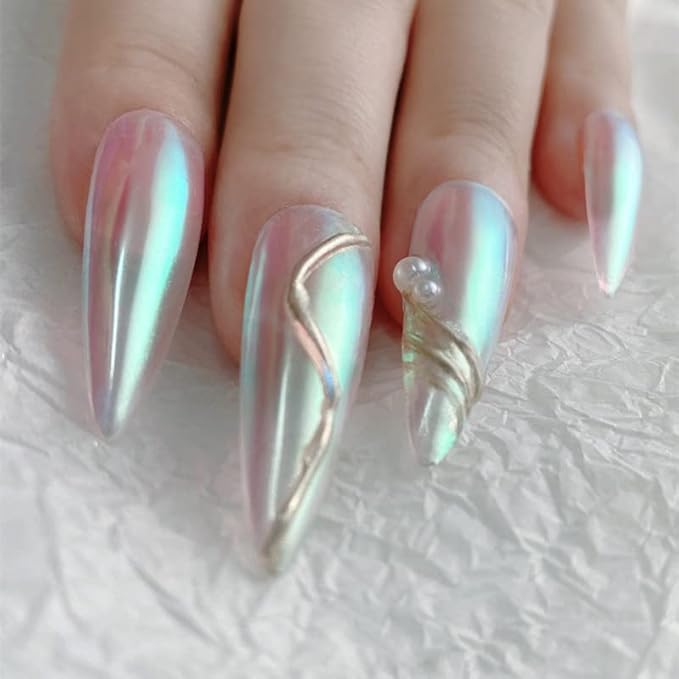 2 Pcs White Iridescent Nails Powder Aurora Chrome Powder for Nails,Mermaid Chrome Nail Pearl Powder Chameleon Chrome Nail Powder Manicure Pigment(2 Pcs Moonlight)-GlimoraGlow