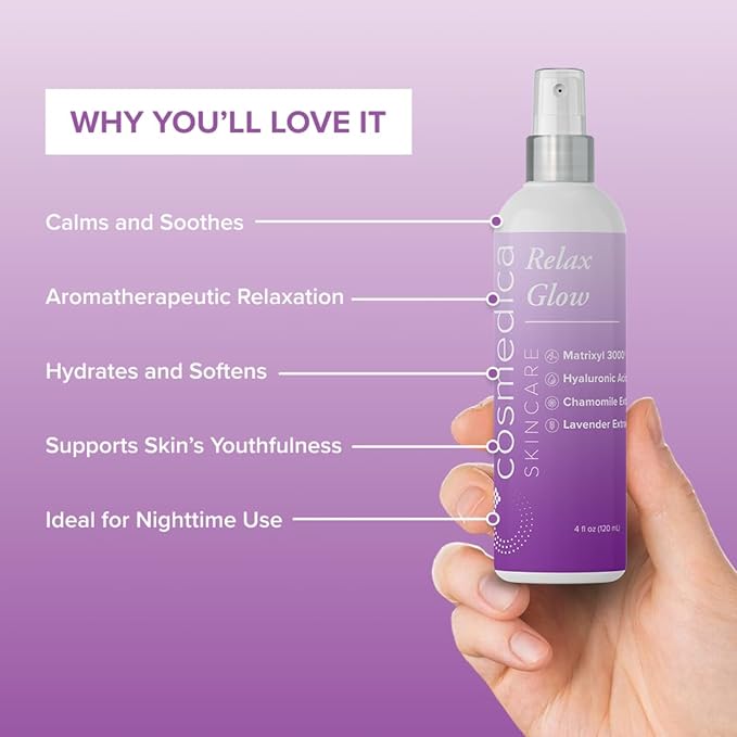 Cosmedica Skincare Relax Glow Hydrating Peptide Spray with Chamomile, Lavender Extract, Matrixyl 3000 & Hyaluronic Acid for Calming Skin, Moisturizer – 4 oz-GlimoraGlow