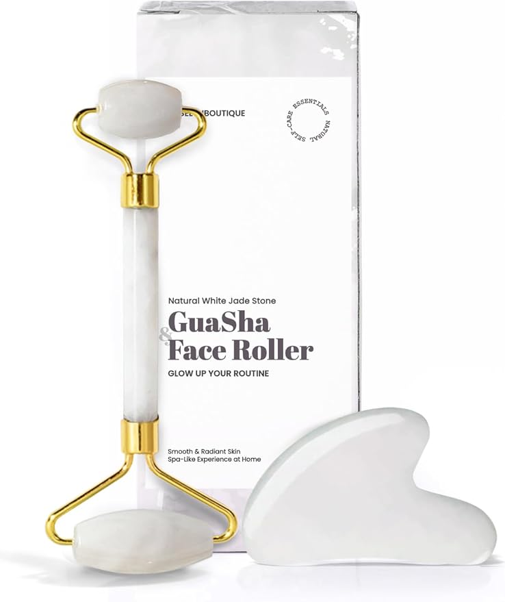 ROSELYNBOUTIQUE Gua Sha Facial Tools & Face Roller for Wrinkless Natural Skincare Tool Jade Roller Guasha Tool for Face Facial Massager (White Jade)-GlimoraGlow
