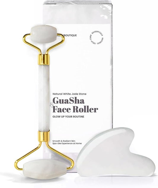 ROSELYNBOUTIQUE Gua Sha Facial Tools & Face Roller for Wrinkless Natural Skincare Tool Jade Roller Guasha Tool for Face Facial Massager (White Jade)-GlimoraGlow