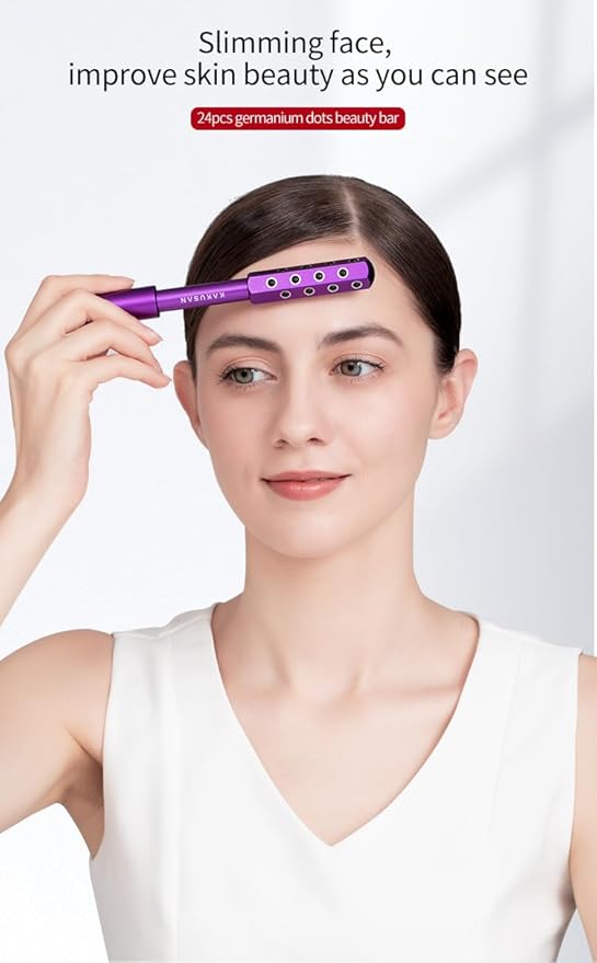 24-Stone Facial Roller - Cooling Face & Neck Massager Tool for Skin Rejuvenation | 360° Contouring with Germanium Stones & Aircraft Aluminum | Portable 7.6" Beauty Roller - Purple-GlimoraGlow