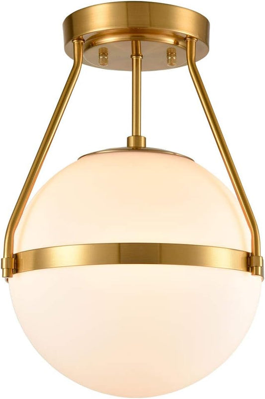 HOLKIRT Mid Century Modern Globe Semi Flush Mount Ceiling Light Fixture,White Opal with Brass Finish,Living/Dinning Room
