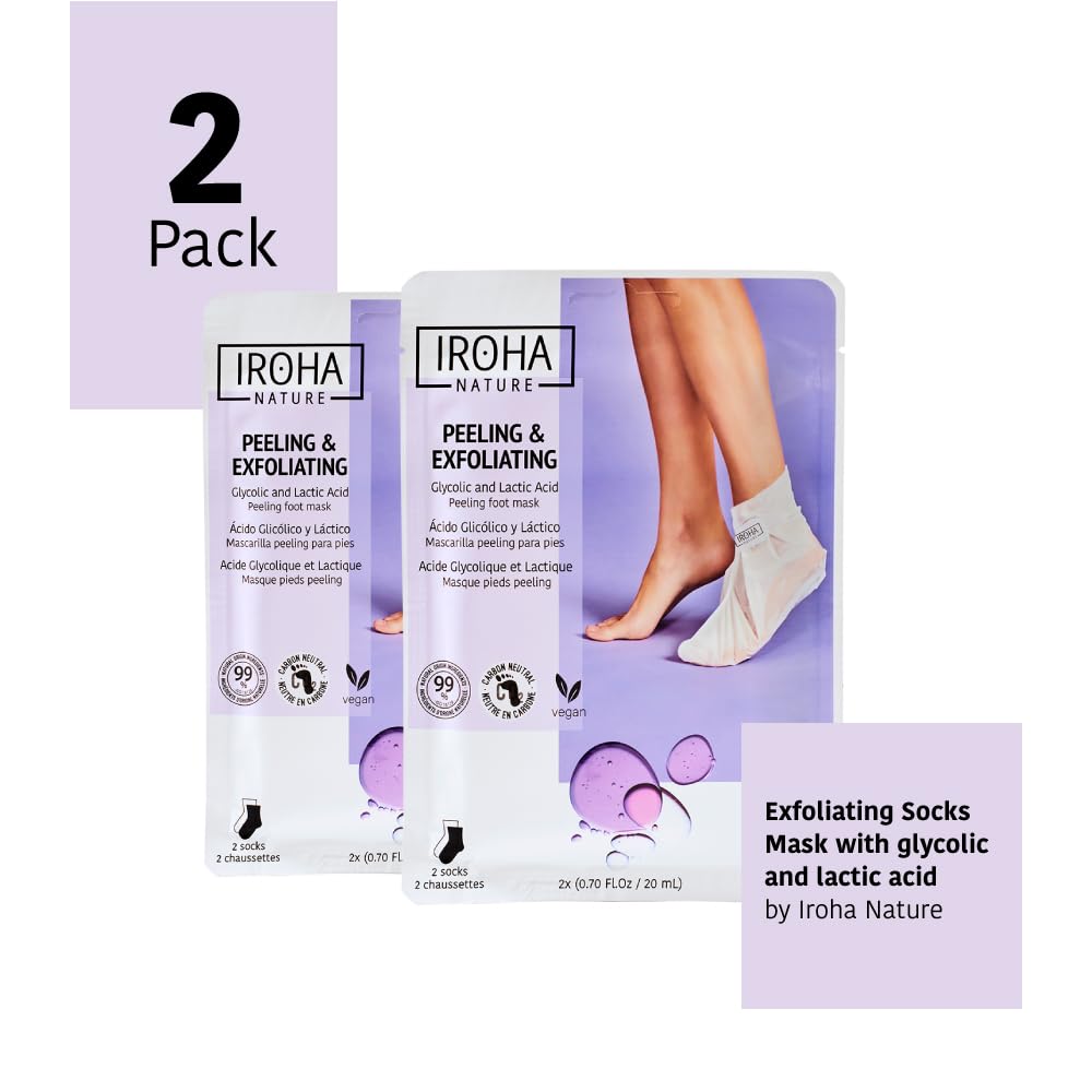 IROHA NATURE Exfoliating Foot Peeling Socks | 2 Pairs (2 Uses)| With Glycolic, Lactic, Salicylic Acids & Lavender | Intensive Treatment for Callused, Dry & Cracked Feet | Vegan Formula-GlimoraGlow