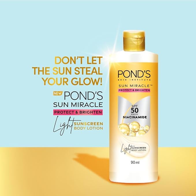 POND-S. Sun Miracle Body Lotion, SPF 50 PA+++, 90 ml, UVA/UVB Protection, 1% Niacinamide, Lightweight, No White Cast 3.0 Fl.oz.-GlimoraGlow