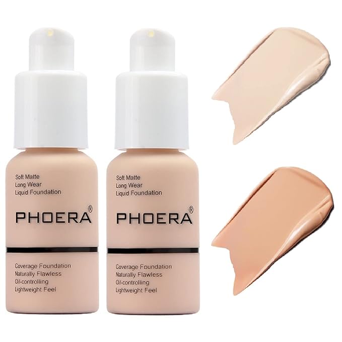2 Pack PHOERA Foundation,Flawless Soft Matte Liquid Foundation 24 HR Oil Control Concealer Foundation Makeup,Full Coverage Foundation for Women and Girls(((101 Porcelain+103 Warm Peach)-GlimoraGlow