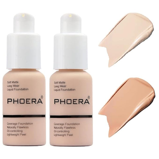 2 Pack PHOERA Foundation,Flawless Soft Matte Liquid Foundation 24 HR Oil Control Concealer Foundation Makeup,Full Coverage Foundation for Women and Girls(((101 Porcelain+103 Warm Peach)-GlimoraGlow