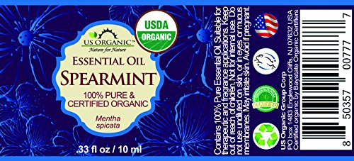 US Organic 100% Pure Spearmint Essential Oil - USDA Certified Organic, Steam Distilled - W/Euro droppers (More Size Variations Available) (10 ml / .33 fl oz)-GlimoraGlow