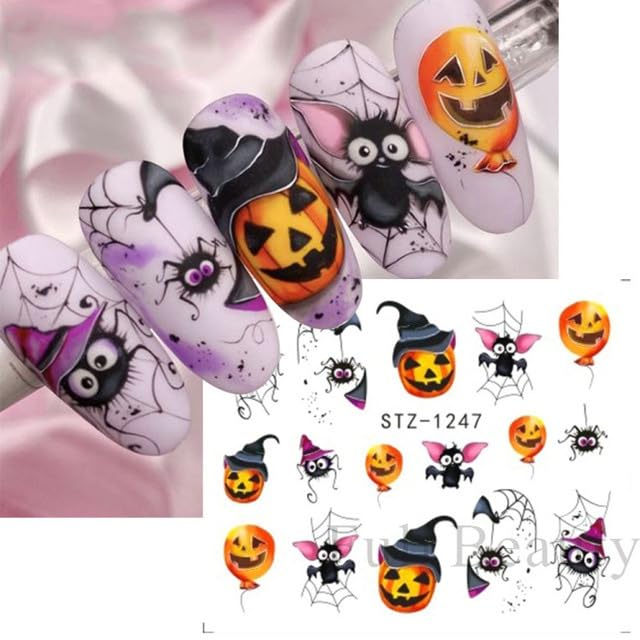 12 Sheets Halloween Nail Art Sticker Decals Horror Water Transfer Nails Foils Pumpkin Ghost Skull Spider Blood Evil Eye Halloween Design Nail Art Decoration Nail Slider Decal for Women DIY Nail Supply-GlimoraGlow