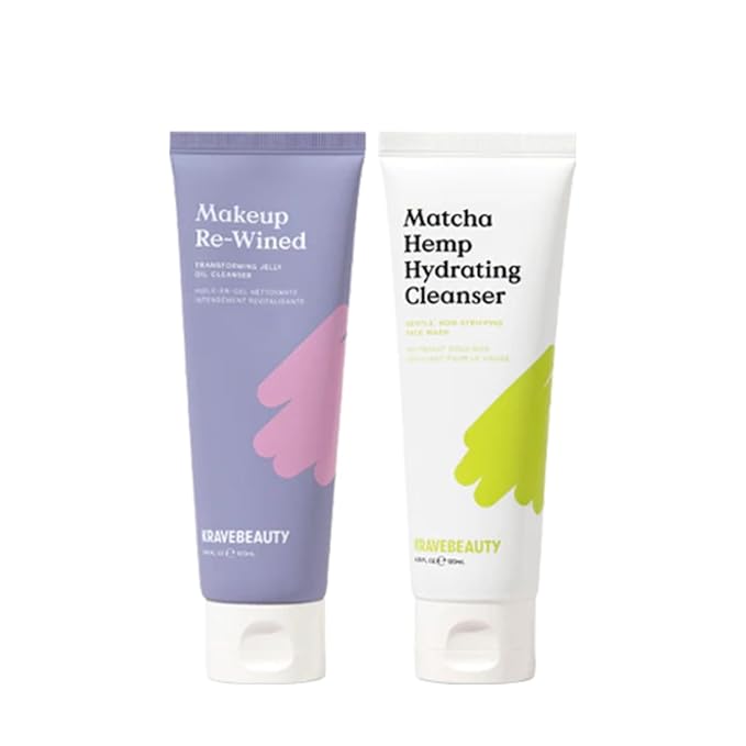 KraveBeauty Double Cleanse Duo, Makeup Re-Wined + Matcha Hemp Cleanser, Gentle Makeup Remover & Hydrating Cleanser, Hydrates and Preps Skin, Vegan & Cruelty Free, 3.38 fl oz 4.05 fl oz-GlimoraGlow