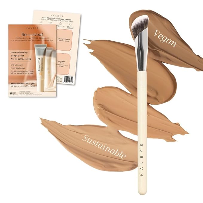 HALEYS Concealer Brush VEGAN+CRUELTY-FREE, Sustainable Wood, Vegan Bristles for Airbrushed Finish, For Creams,Liquids, Powder, Streak-free, Perfect Blending, Buffs, Smooths with Control, Special shape-GlimoraGlow