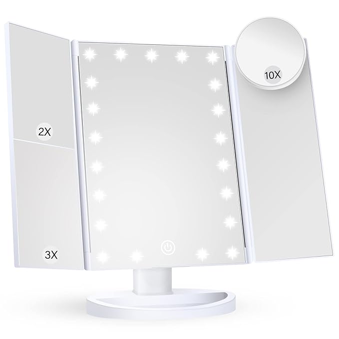 HUONUL Makeup Mirror Vanity Mirror with Lights, 2X, 3X, 10X Magnification, Touch Control, Trifold, White, 9.4" L x 13.4" W, Modern Style, Dresser Mount, Bathroom-GlimoraGlow