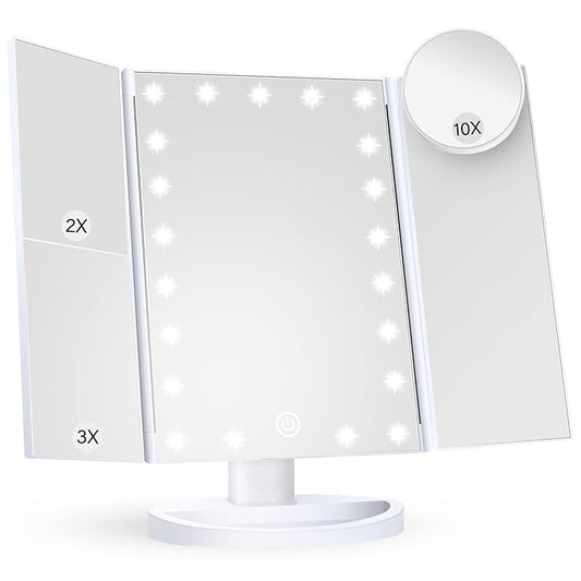 HUONUL Makeup Mirror Vanity Mirror with Lights, 2X, 3X, 10X Magnification, Touch Control, Trifold, White, 9.4" L x 13.4" W, Modern Style, Dresser Mount, Bathroom-GlimoraGlow