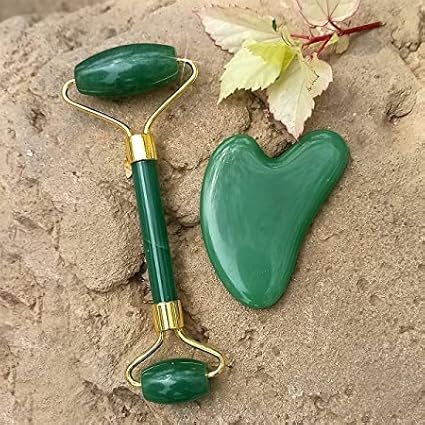 Green Jade Roller & Gua Sha Set, Face Roller Manual Massager,Green Jade Applicator for Face, Neck,Body Muscle,Relaxing, Stimulating Blood Flow, Relieve Fine Lines, Wrinkles,Green-GlimoraGlow