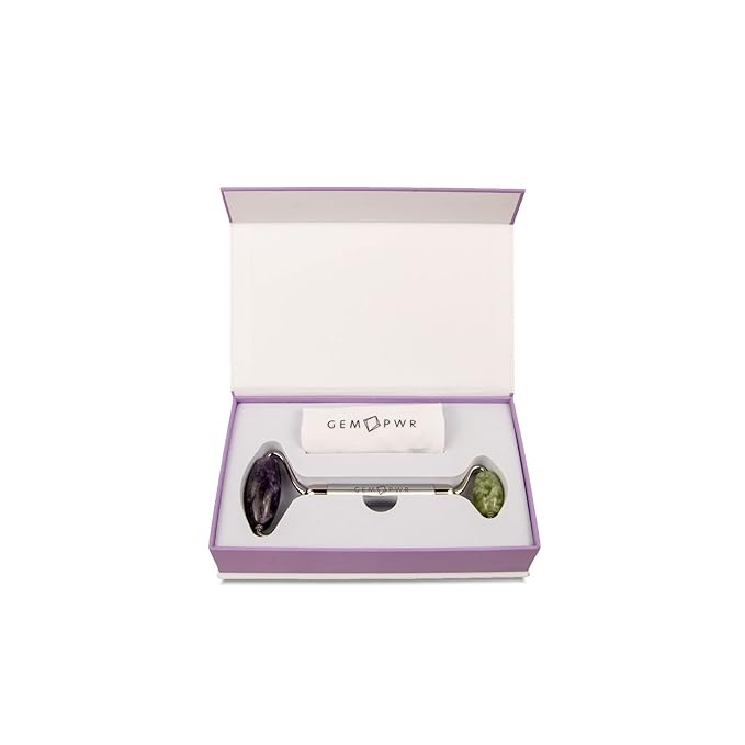 Amethyst + Jade Roller for Face and Neck Massage, Dual Gemstones with Durable Steel Handle and Travel Bag. Minimize Wrinkles, Reduce Puffiness and Restore Skin's Elasticity and Radiance-GlimoraGlow