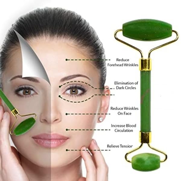 Green Jade Roller & Gua Sha Set, Face Roller Manual Massager,Green Jade Applicator for Face, Neck,Body Muscle,Relaxing, Stimulating Blood Flow, Relieve Fine Lines, Wrinkles,Green-GlimoraGlow