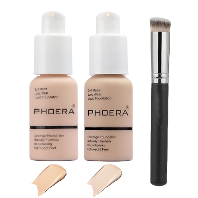 2 Pcs Liquid Foundation 101 and 102 with Kabuki Foundation Brush Flat Top,Full Coverage Foundation Makeup Set,30ml 24HR Matte Oil Control Concealer(Porcelain & Nude)-GlimoraGlow