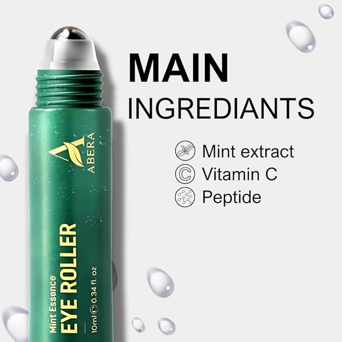 Abera Eye Roller Serum with Mint Essence, Vitamin C and Peptides - Energizing Serum for Dark Circles and Puffiness, Fine Lines Serum, 0.34 fl oz-GlimoraGlow