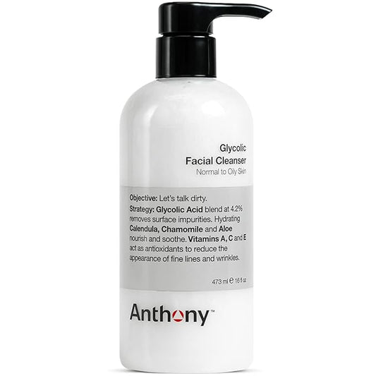 Anthony Glycolic Facial Cleanser for Men, Daily Exfoliating & Hydrating Face Wash, Shave Prep, Non-Foaming, Deep Cleansing, Gentle on Sensitive Skin, Removes Dirt & Oil, Smooths Texture, 16 Fl Oz-GlimoraGlow