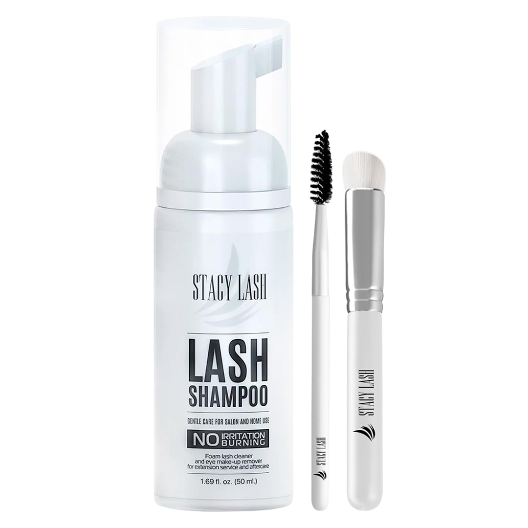 STACY LASH Eyelash Extension Shampoo + Brush / 1.69 fl.oz / 50ml / Eyelid Foaming Cleanser/Wash for Extensions & Natural Lashes/Safe Makeup Remover/Supplies for Professional & Home Use-GlimoraGlow