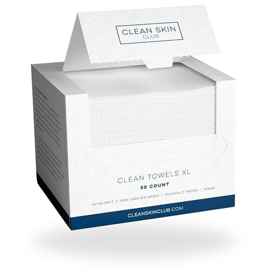 Clean Skin Club Clean Towels XL, 100% USDA Biobased Dermatologist Approved Face Towel, Disposable Clinically Tested Face Towelette, Facial Washcloth, Makeup Remover Dry Wipes, 100 ct, 2 pack-GlimoraGlow