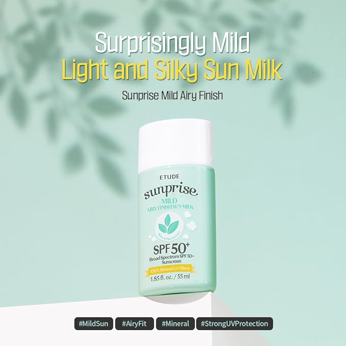 ETUDE Sunprise Sunscreen Mild Sun Milk SPF 50+ / PA++++ (55ml) | Sebum-free, Non-Sticky, Long Lasting Protection, 100% Mineral Korean Sunscreen for sensitive skin-GlimoraGlow
