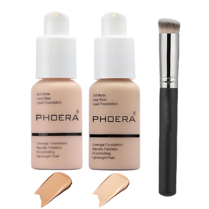 2 Pcs Phoera Foundation Makeup 102 and 104 Liquid Full Coverage 24HR Matte Oil Control Foundation Makeup Concealer (Nude & Buff Beige) with Kabuki Foundation Brush Flat Top-GlimoraGlow