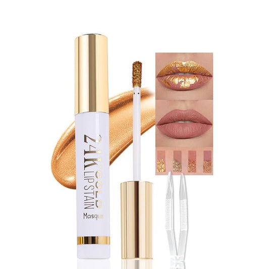 2025 New 24K Gold Liquid Lip Gloss Peel Off Lip Stain Tattoo with Tweezer, Ruby Red Lips Stain Peel Off Masque, Long Lasting Waterproof Lip Tint Stain, Transfer-proof for All Skin Types 03#-GlimoraGlow