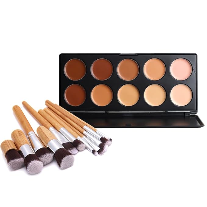 10 Shade Creamy Concealer Kit with Makeup Brush Set, 3 In 1 Professional Cream Concealer, Contour, Foundation, Color Corrector for Diminishes Appearance Dark Circles & Softens Fine Lines-GlimoraGlow