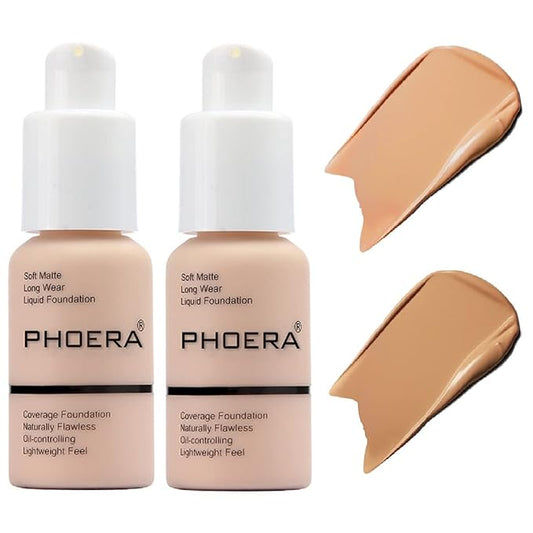2 Pack PHOERA Foundation,Matte Oil Control Concealer Foundation Cream,PHOERA Long Lasting Waterproof Matte Liquid Foundation for Women Girls (104 Buff Beige+105 Sand)-GlimoraGlow