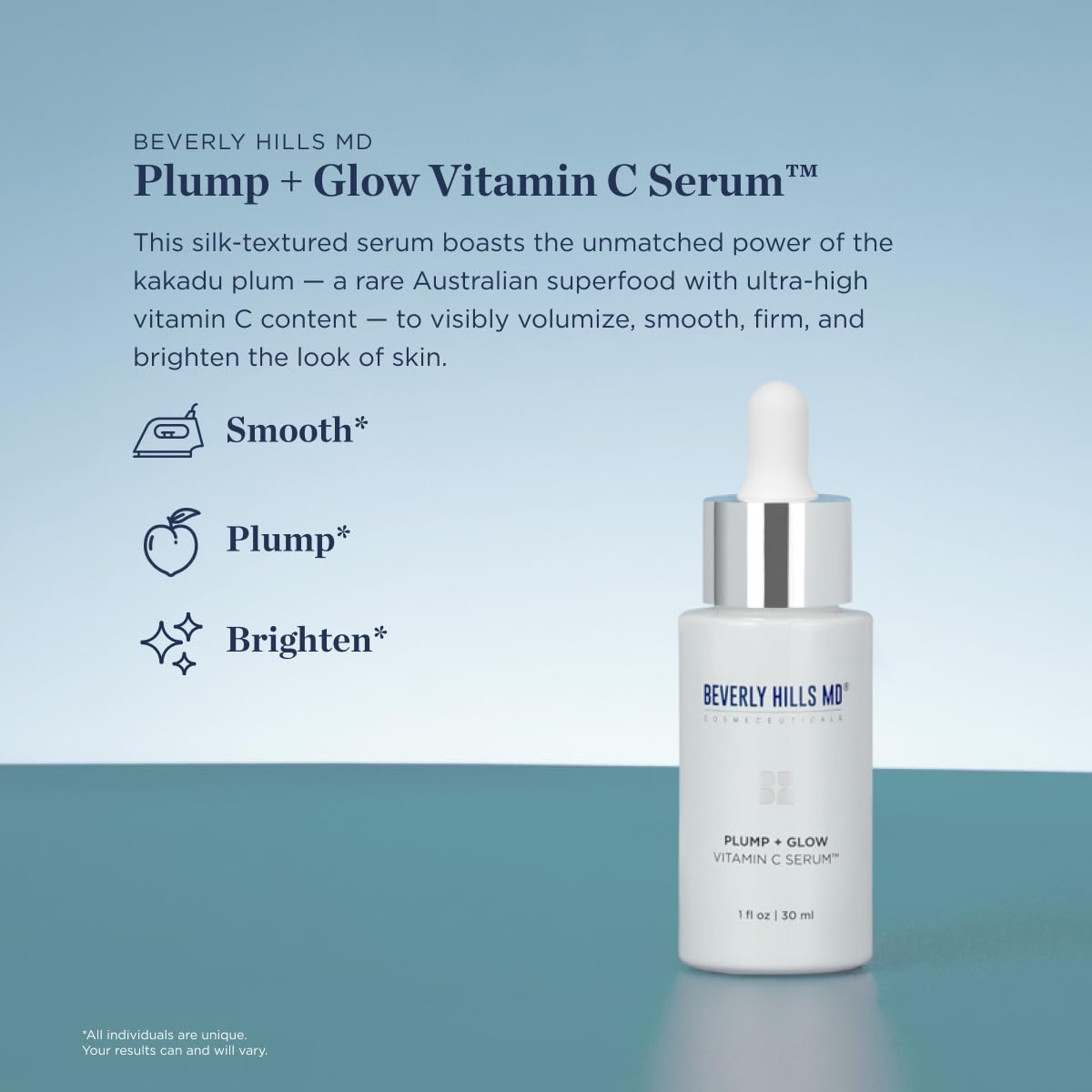 Beverly Hills MD Plump + Glow Vitamin C Serum for Aging Skin- Plumping Anti Wrinkle Lines Formula - Smooth, Firm, Brighten Skin w/Kakadu Plum, Niacinamide, Pomegranate Oil, Red Algae Extracts-GlimoraGlow