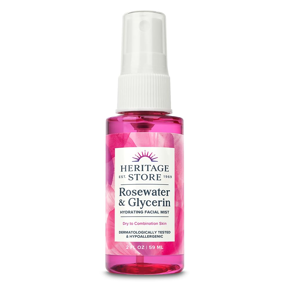 HERITAGE STORE Rosewater & Glycerin Hydrating Facial Mist - Dry Combination Skin Care - Rose Water Spray w/Vegetable Glycerine, Made Without Dyes or Alcohol, Hypoallergenic, Vegan, Cruelty Free, 2oz-GlimoraGlow