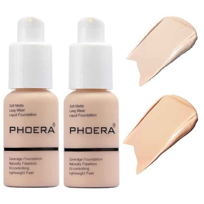 2 Pack PHOERA Foundation Makeup For Older Women,Flawless Soft Matte Liquid Foundation 24 HR Oil Control Concealer Foundation Makeup(101 Porcelain+102 Nude)-GlimoraGlow