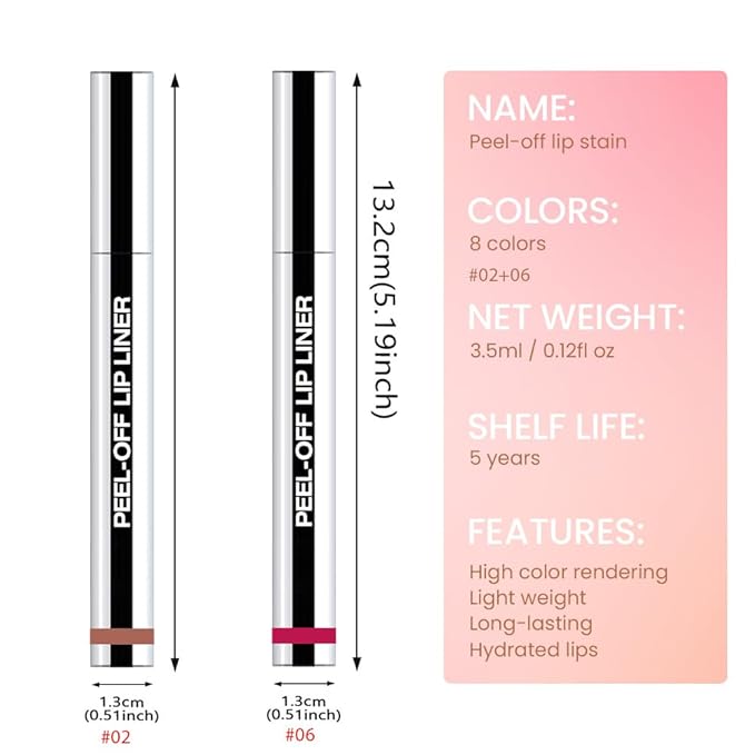 2 Pcs Matte Liquid Lip Stain Peel Off Lip Liner, Long Lasting Lip Tattoo, Waterproof & Transfer-Proof Lip Liner Peel Off Lip Gloss for All Skin Types. 0.12 fl oz #02+#06-GlimoraGlow