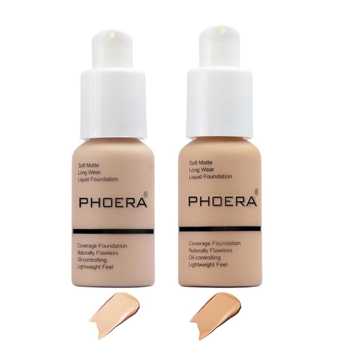 2 Pcs Phoera Foundation Makeup 102 and 104 Liquid Full Coverage 24HR Matte Oil Control Foundation Makeup Concealer (Nude & Buff Beige) with Kabuki Foundation Brush Flat Top-GlimoraGlow