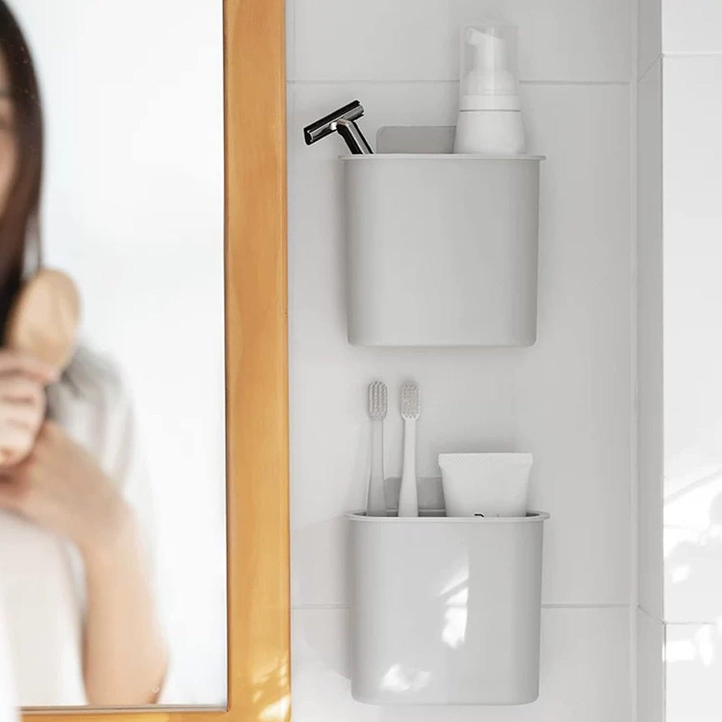 2 Packs Toothbrush Holders Wall Mounted, Self Adhesive Tooth Brush Holder for Bathroom Electric Toothbrush Toothpaste Razor Bathroom Accessories(Grey-GlimoraGlow