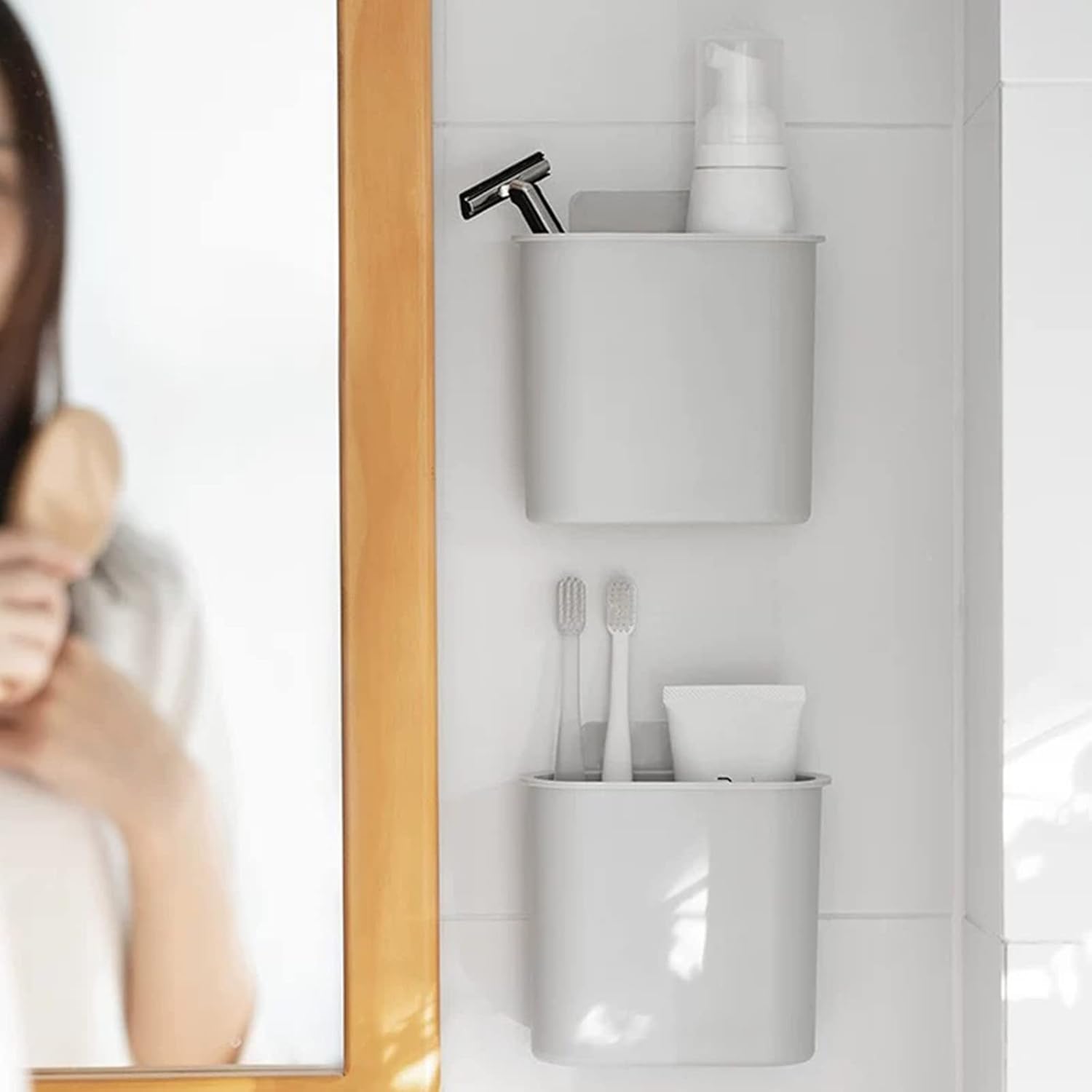 2 Packs Toothbrush Holders Wall Mounted, Self Adhesive Tooth Brush Holder for Bathroom Electric Toothbrush Toothpaste Razor Bathroom Accessories(Grey-GlimoraGlow