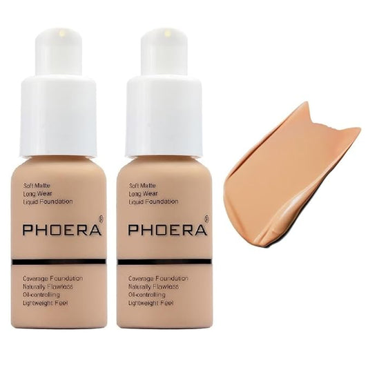 2 Pack PHOERA Foundation, 24HR Matte Oil Control Concealer, Full Coverage Foundation for Women Makeup.(104# Buff Beige)-GlimoraGlow